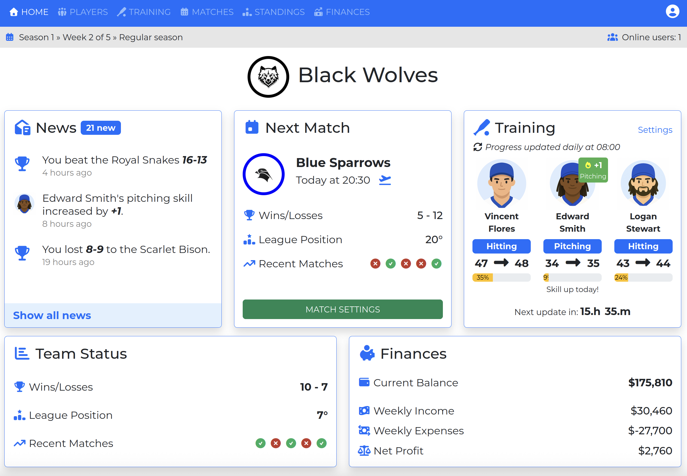 Dashboard of the Triplacorona.com baseball manager game showing team overview, finances, and upcoming matches.