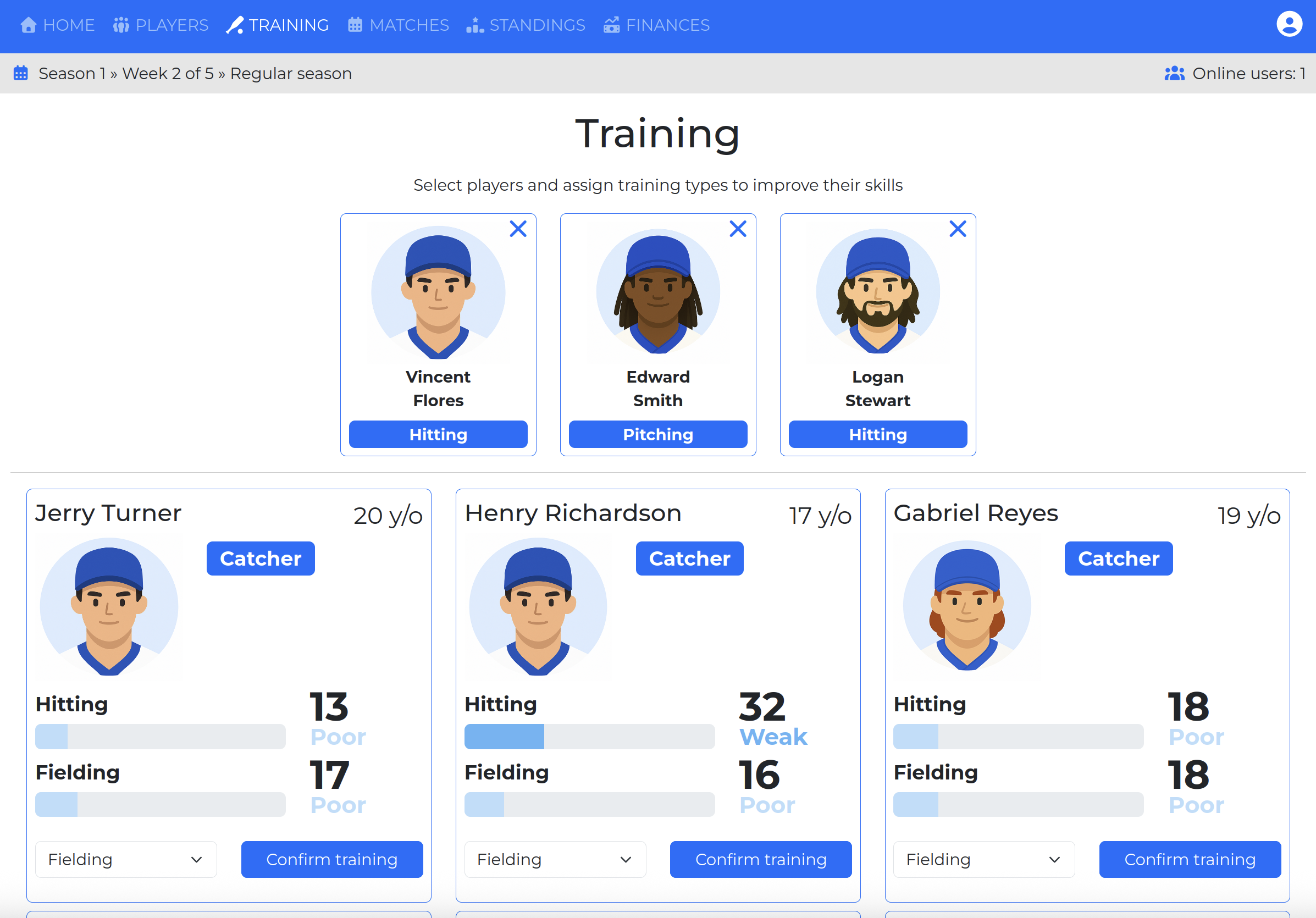 Training screen where players improve their batting and pitching skills through focused sessions in Triplacorona.com.
